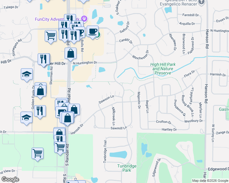 map of restaurants, bars, coffee shops, grocery stores, and more near 2254 Dawson Lane in Algonquin
