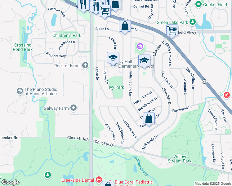 map of restaurants, bars, coffee shops, grocery stores, and more near 669 Aspen Drive in Buffalo Grove
