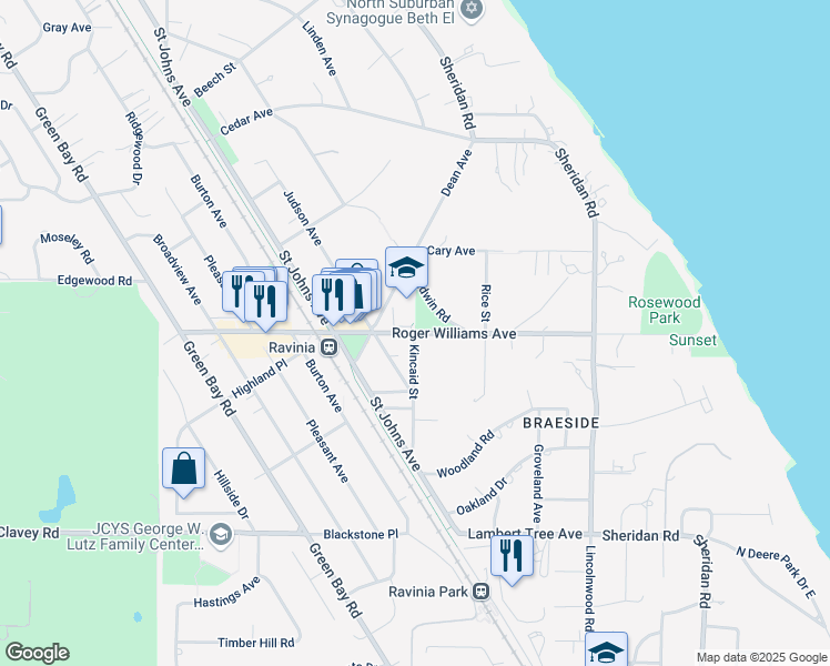 map of restaurants, bars, coffee shops, grocery stores, and more near Roger Williams Avenue in Highland Park