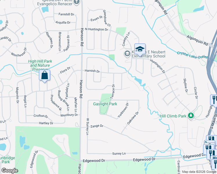 map of restaurants, bars, coffee shops, grocery stores, and more near 1335 North Parkview Terrace in Algonquin