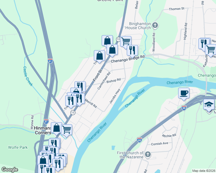 map of restaurants, bars, coffee shops, grocery stores, and more near 125 Kennedy Road in Binghamton