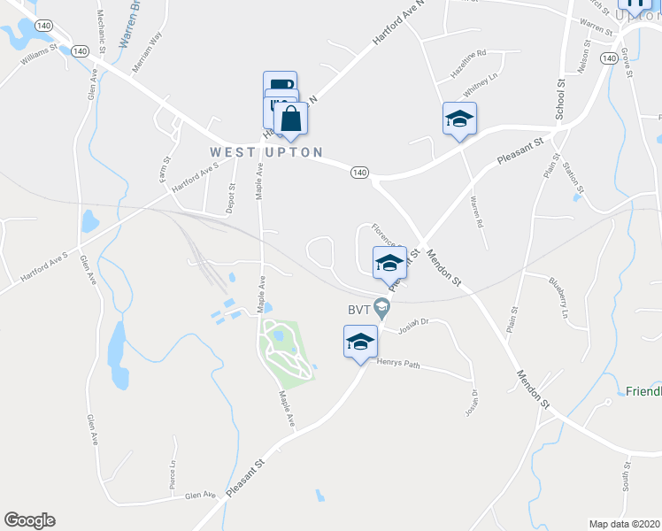 map of restaurants, bars, coffee shops, grocery stores, and more near 2 Knowlton Circle in Upton