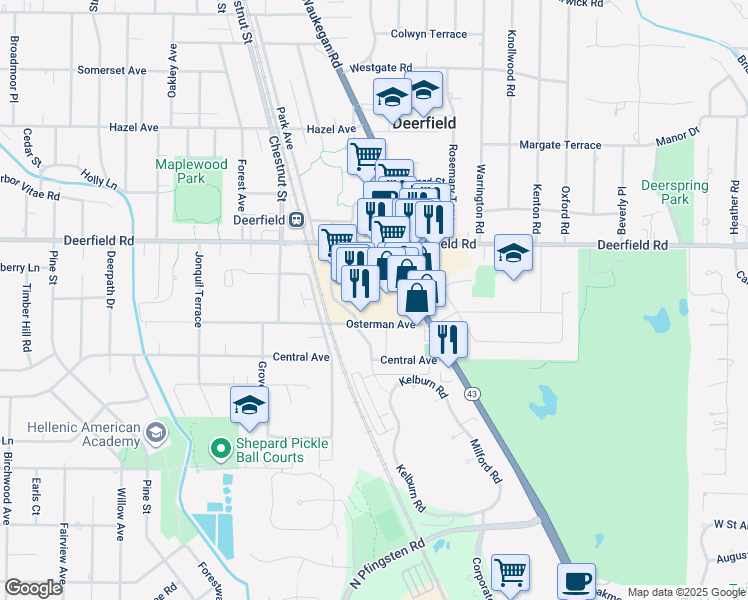 map of restaurants, bars, coffee shops, grocery stores, and more near 707 Osterman Avenue in Deerfield
