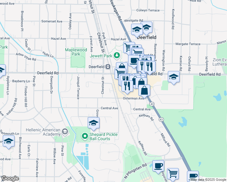 map of restaurants, bars, coffee shops, grocery stores, and more near 650 Elm Street in Deerfield