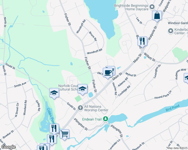 map of restaurants, bars, coffee shops, grocery stores, and more near 60 Fisher Street in Walpole