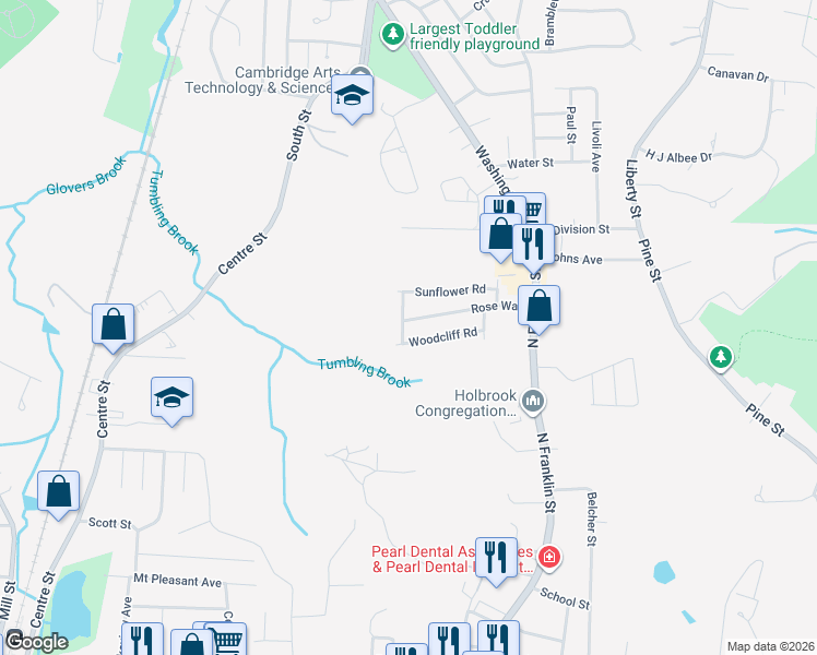 map of restaurants, bars, coffee shops, grocery stores, and more near 36 Woodcliff Road in Holbrook