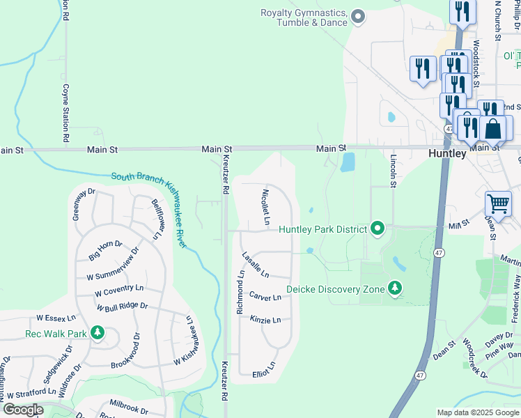 map of restaurants, bars, coffee shops, grocery stores, and more near 12510 Lions Chase Court in Huntley