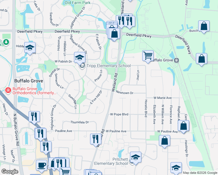 map of restaurants, bars, coffee shops, grocery stores, and more near 1 Newtown Court East in Buffalo Grove