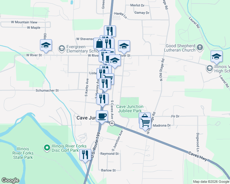 map of restaurants, bars, coffee shops, grocery stores, and more near 203 South Caves Avenue in Cave Junction