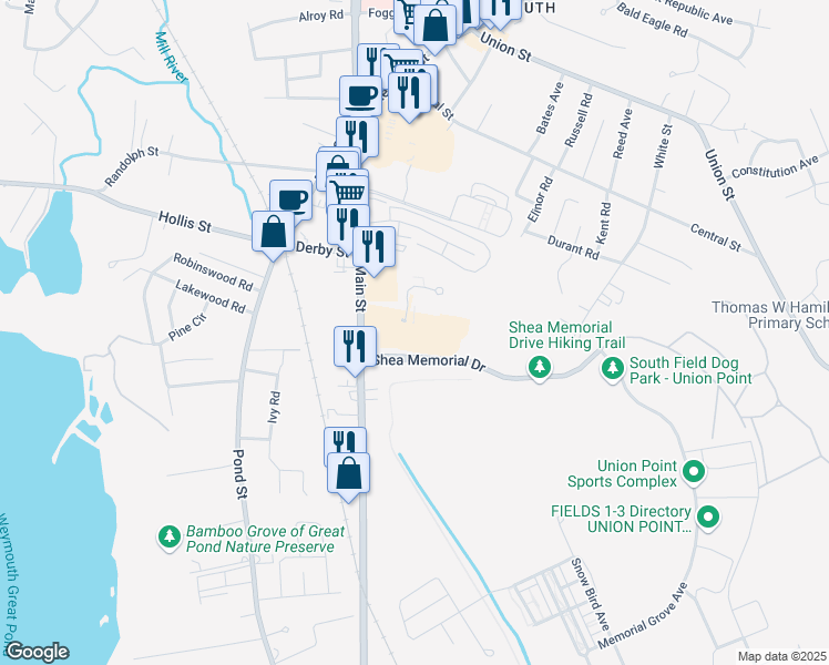 map of restaurants, bars, coffee shops, grocery stores, and more near 50 Webster Street in Weymouth