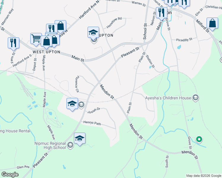 map of restaurants, bars, coffee shops, grocery stores, and more near 37 Mendon Street in Upton