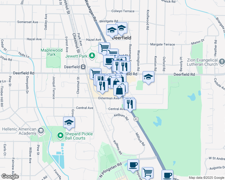 map of restaurants, bars, coffee shops, grocery stores, and more near 707 Osterman Avenue in Deerfield
