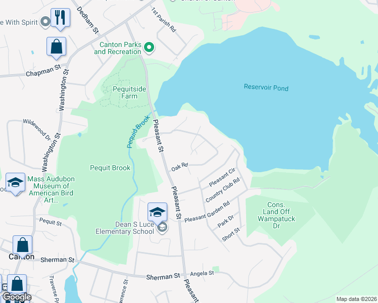 map of restaurants, bars, coffee shops, grocery stores, and more near 71A Oak Road in Canton