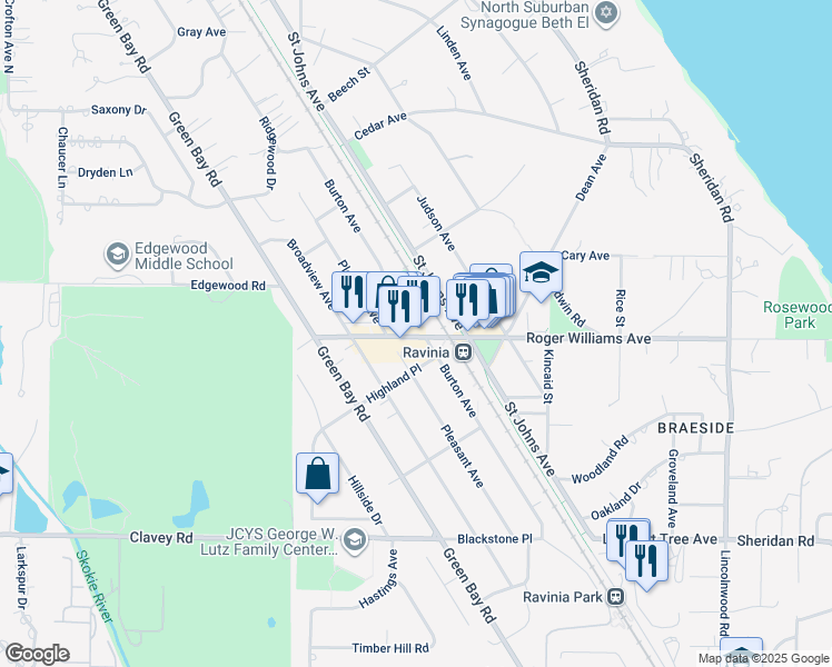 map of restaurants, bars, coffee shops, grocery stores, and more near 565 Roger Williams Avenue in Highland Park