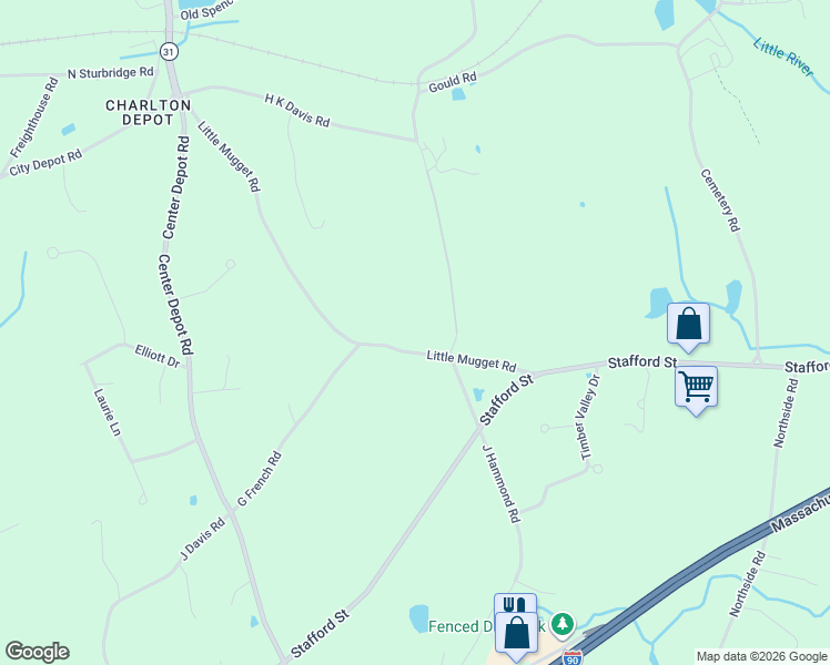 map of restaurants, bars, coffee shops, grocery stores, and more near 26 Little Mugget Road in Charlton