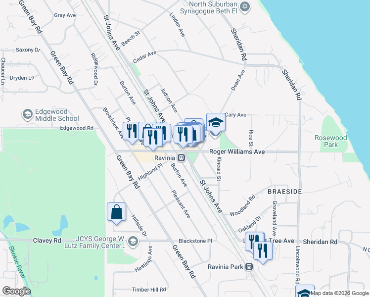 map of restaurants, bars, coffee shops, grocery stores, and more near 725 Saint Johns Avenue in Highland Park