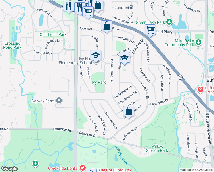 map of restaurants, bars, coffee shops, grocery stores, and more near 631 Indian Spring Lane in Buffalo Grove