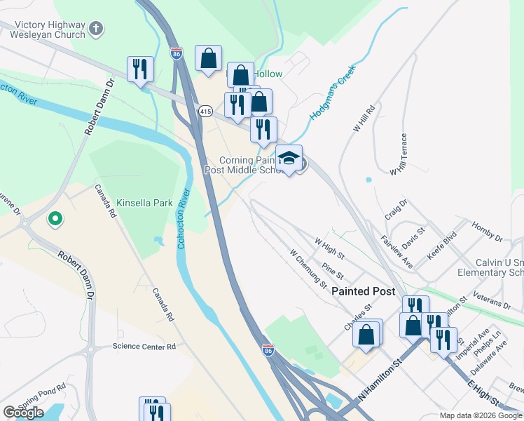 map of restaurants, bars, coffee shops, grocery stores, and more near 570 West Chemung Street in Painted Post