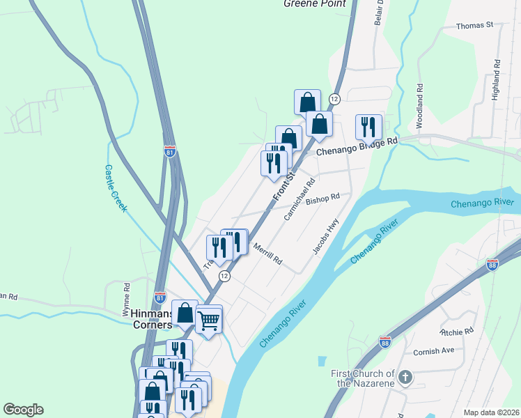 map of restaurants, bars, coffee shops, grocery stores, and more near 1421 Front Street in Binghamton