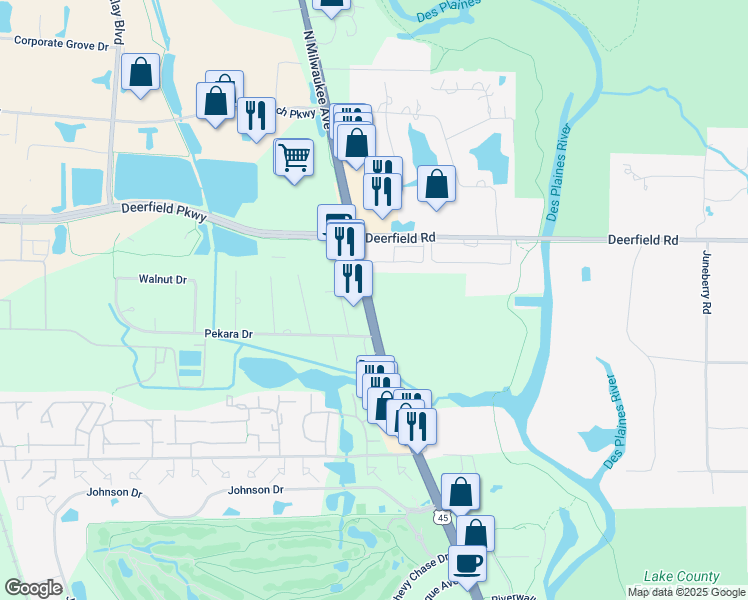 map of restaurants, bars, coffee shops, grocery stores, and more near 20611 Illinois 21 in Riverwoods