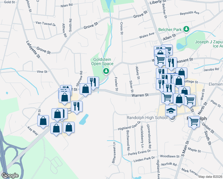 map of restaurants, bars, coffee shops, grocery stores, and more near 218 Warren Street in Randolph