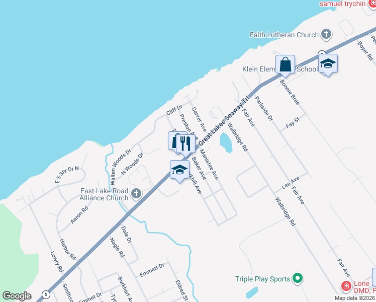 map of restaurants, bars, coffee shops, grocery stores, and more near 4682 Pennsylvania 5 in Erie