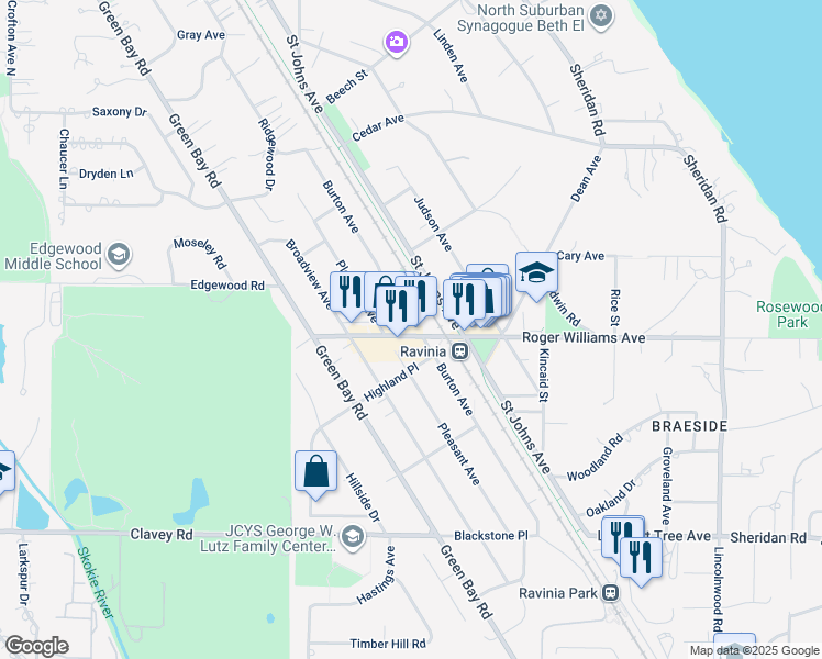 map of restaurants, bars, coffee shops, grocery stores, and more near 692 Burton Avenue in Highland Park