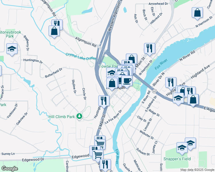 map of restaurants, bars, coffee shops, grocery stores, and more near 329 Jefferson Street in Algonquin