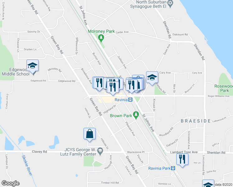 map of restaurants, bars, coffee shops, grocery stores, and more near 565 Roger Williams Avenue in Highland Park