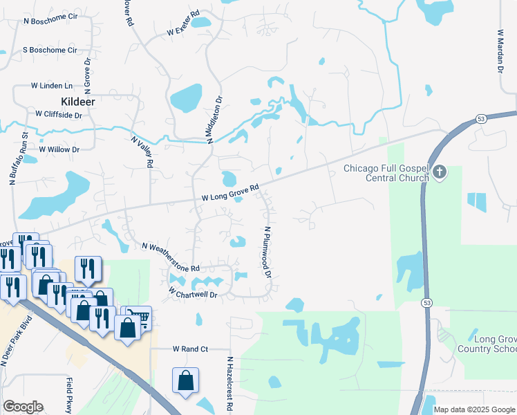 map of restaurants, bars, coffee shops, grocery stores, and more near 20844 North Plumwood Drive in Kildeer