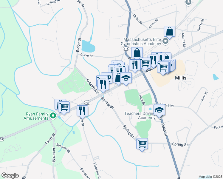 map of restaurants, bars, coffee shops, grocery stores, and more near 961 Main Street in Millis