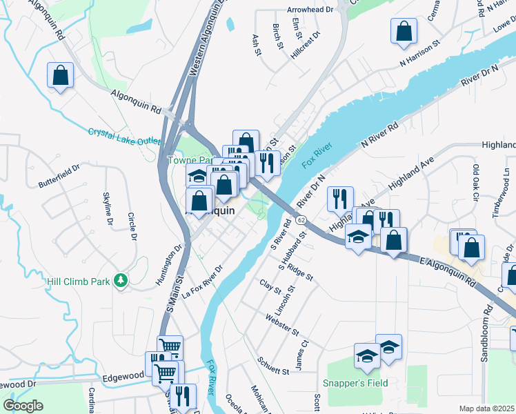 map of restaurants, bars, coffee shops, grocery stores, and more near 101 South Harrison Street in Algonquin