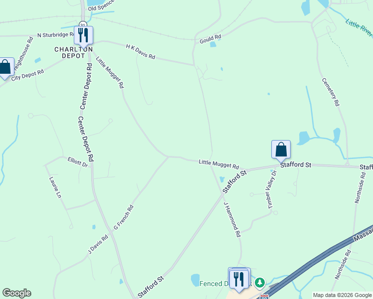 map of restaurants, bars, coffee shops, grocery stores, and more near 26 Little Mugget Road in Charlton