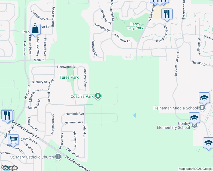 map of restaurants, bars, coffee shops, grocery stores, and more near 9986 Edgebrook Lane in Huntley