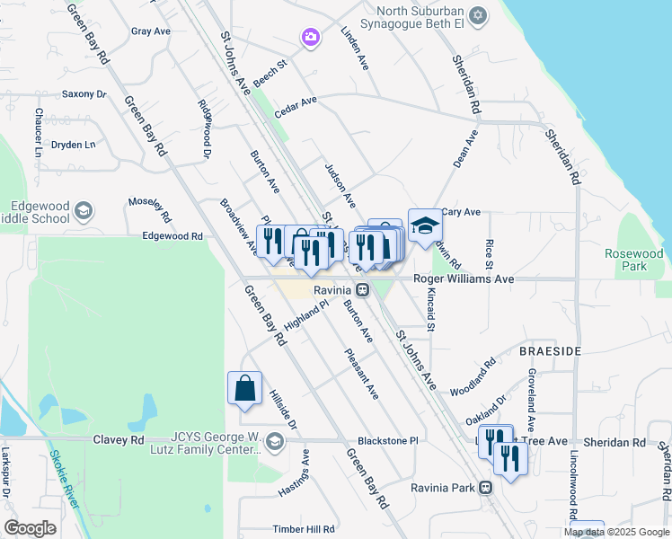 map of restaurants, bars, coffee shops, grocery stores, and more near in Highland Park