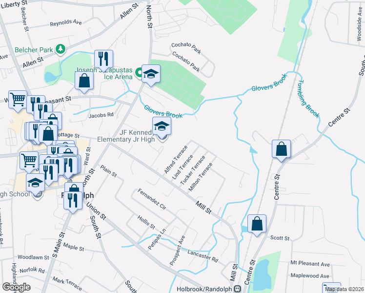map of restaurants, bars, coffee shops, grocery stores, and more near 28 Alfred Terrace in Randolph