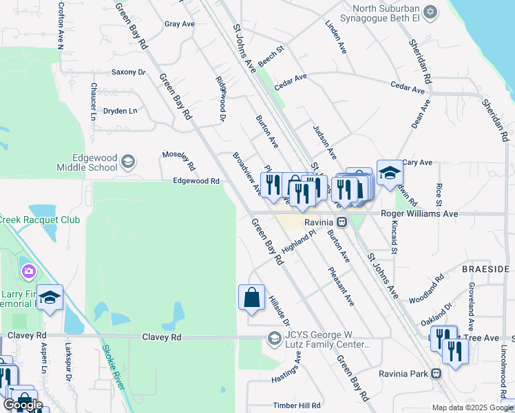 map of restaurants, bars, coffee shops, grocery stores, and more near 765 Broadview Avenue in Highland Park