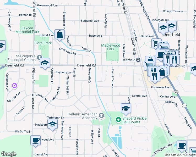 map of restaurants, bars, coffee shops, grocery stores, and more near 1155 Deerfield Road in Deerfield