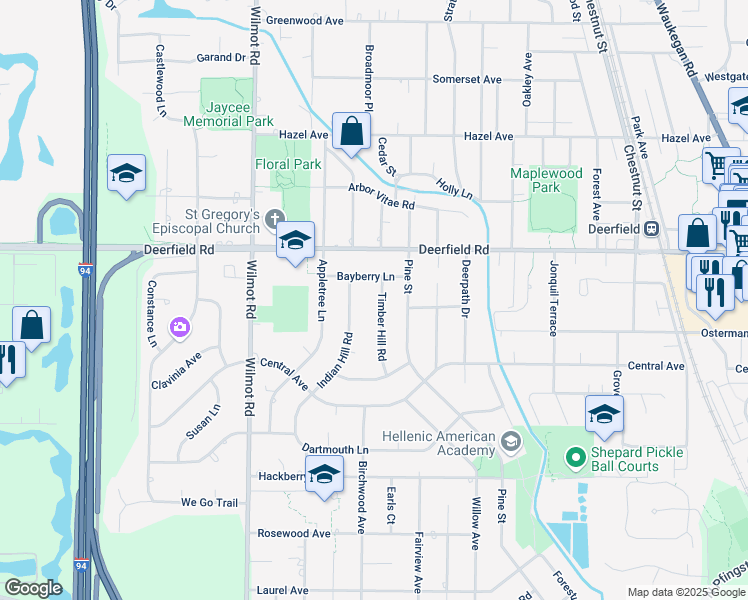 map of restaurants, bars, coffee shops, grocery stores, and more near 1401 Bayberry Lane in Deerfield