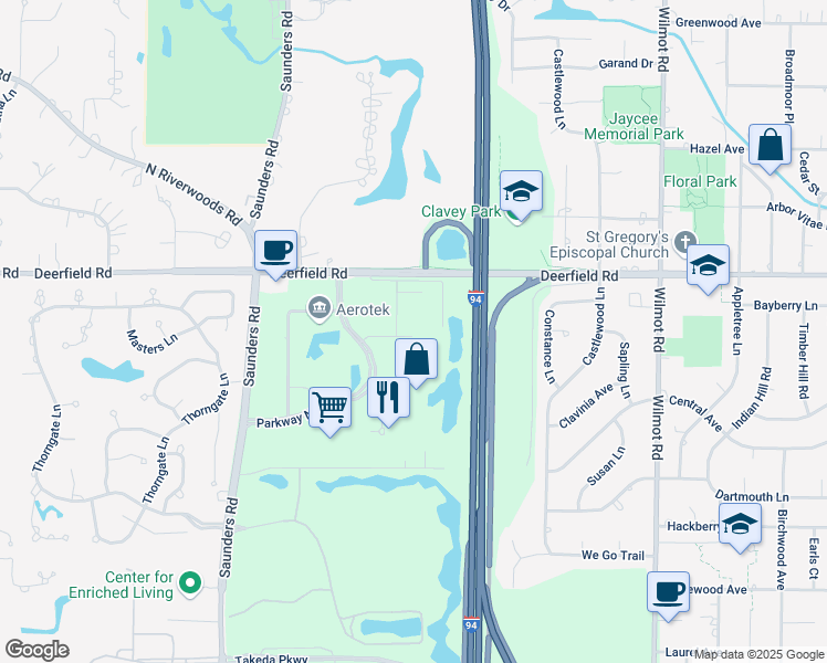 map of restaurants, bars, coffee shops, grocery stores, and more near 15 Parkway North in Deerfield