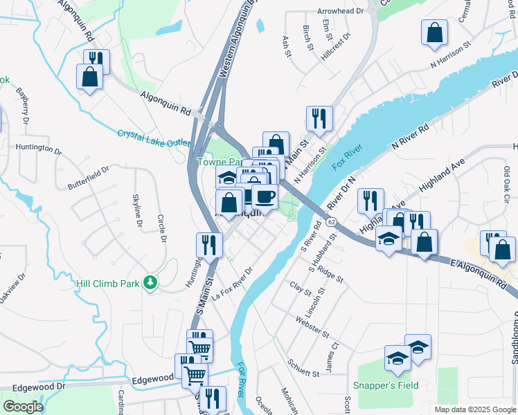 map of restaurants, bars, coffee shops, grocery stores, and more near 122 South Main Street in Algonquin