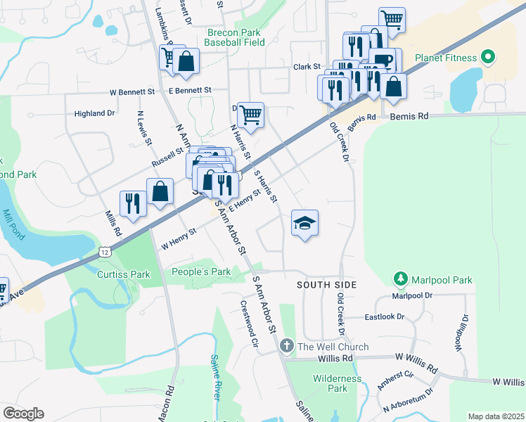 map of restaurants, bars, coffee shops, grocery stores, and more near 108 East Henry Street in Saline