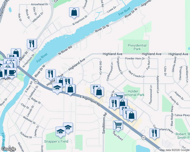 map of restaurants, bars, coffee shops, grocery stores, and more near 720 Old Oak Circle in Algonquin