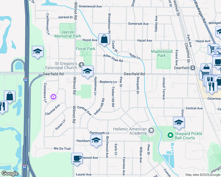 map of restaurants, bars, coffee shops, grocery stores, and more near 1401 Bayberry Lane in Deerfield