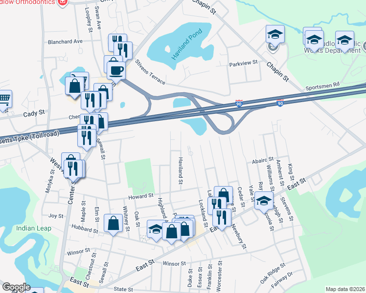 map of restaurants, bars, coffee shops, grocery stores, and more near 122 Haviland Street in Ludlow