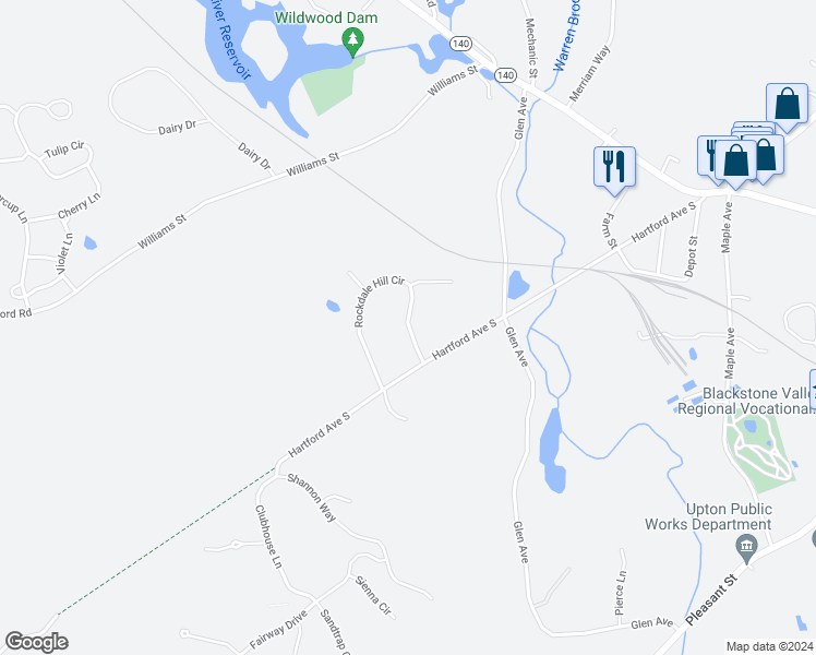 map of restaurants, bars, coffee shops, grocery stores, and more near 9 Rockdale Hill Circle in Upton