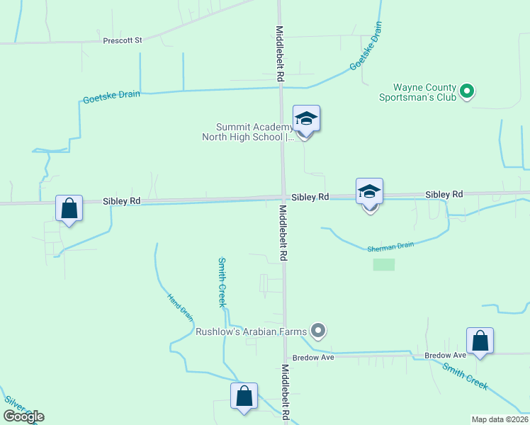 map of restaurants, bars, coffee shops, grocery stores, and more near 29492 Sibley Road in Romulus