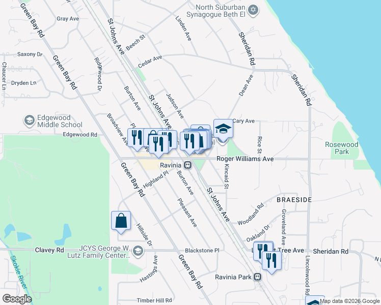 map of restaurants, bars, coffee shops, grocery stores, and more near 733 Saint Johns Avenue in Highland Park
