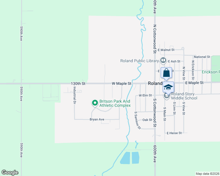 map of restaurants, bars, coffee shops, grocery stores, and more near 509 West Maple Street in Roland