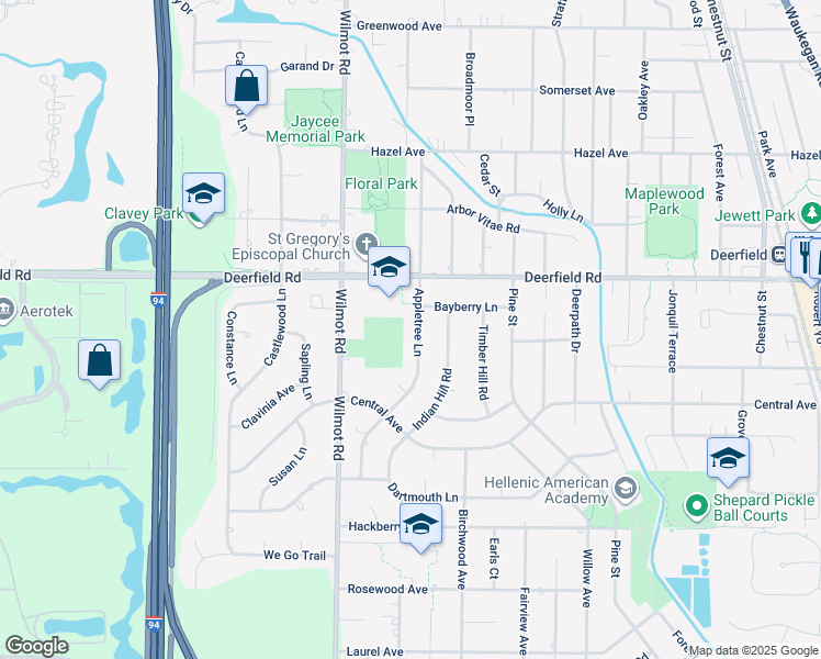 map of restaurants, bars, coffee shops, grocery stores, and more near 704 Appletree Lane in Deerfield
